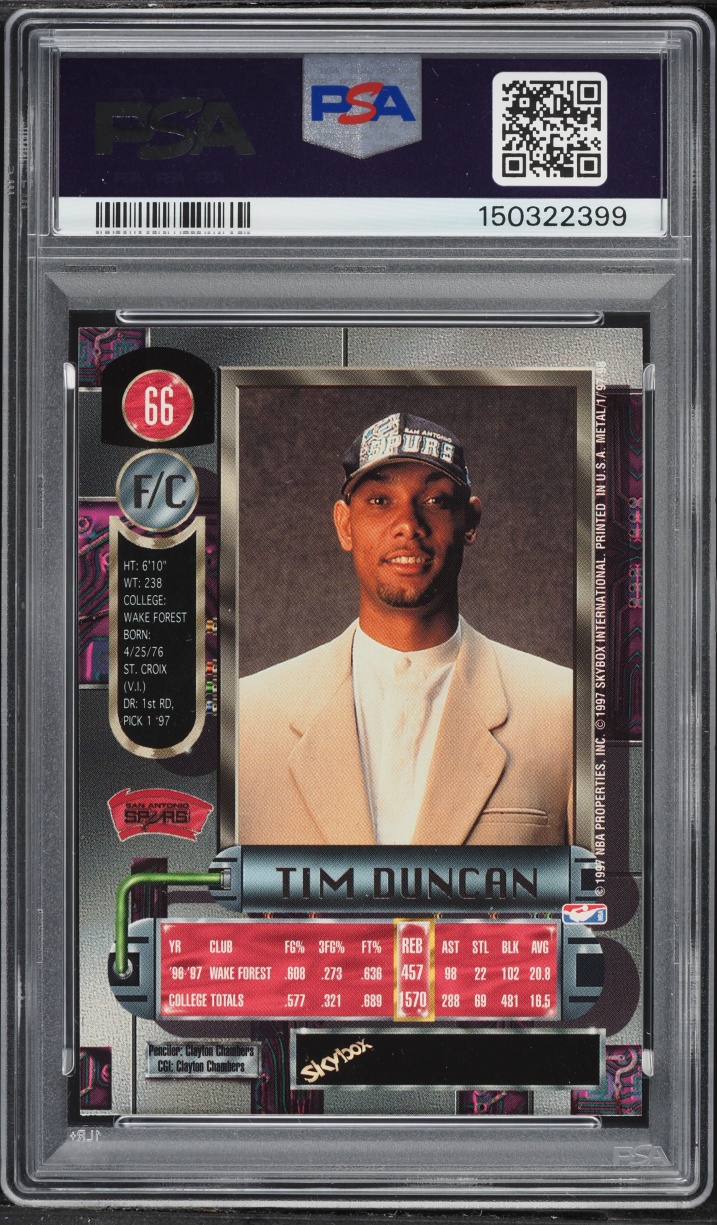 1997 Metal Universe Tim Duncan ROOKIE #66 PSA 8 NM-MT