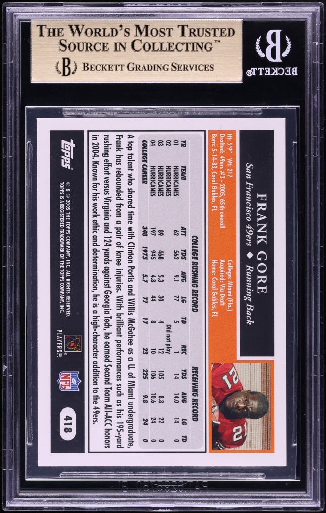 2005 Topps Football Frank Gore ROOKIE #418 BAS BGS 9.5 GEM MINT
