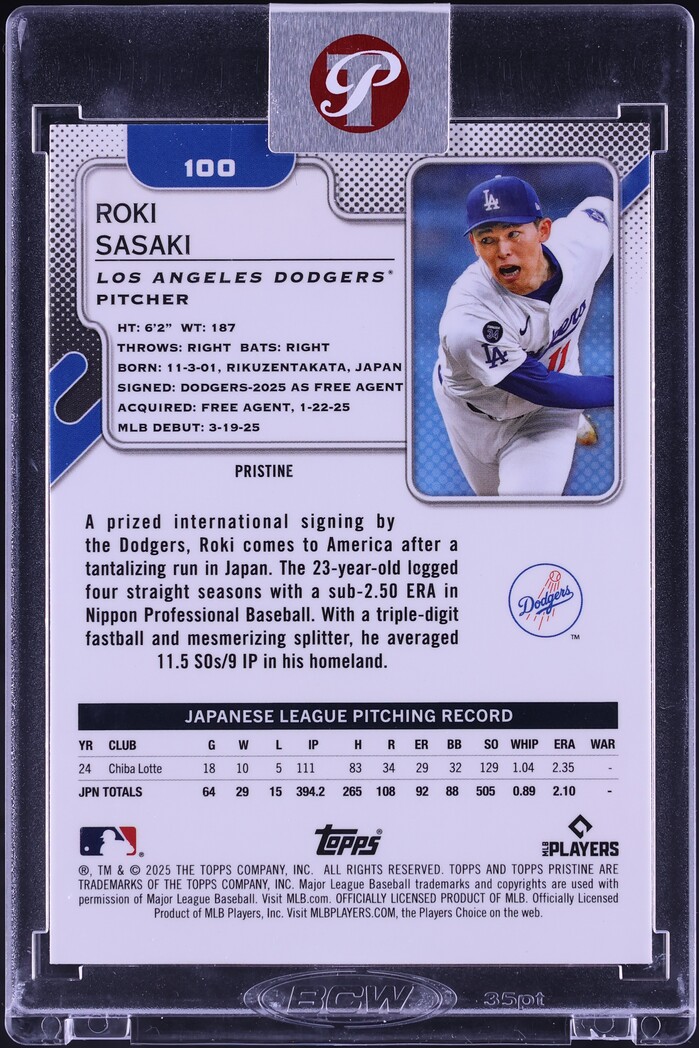 2025 Topps Pristine Aqua Refractor Roki Sasaki ROOKIE /199 #100