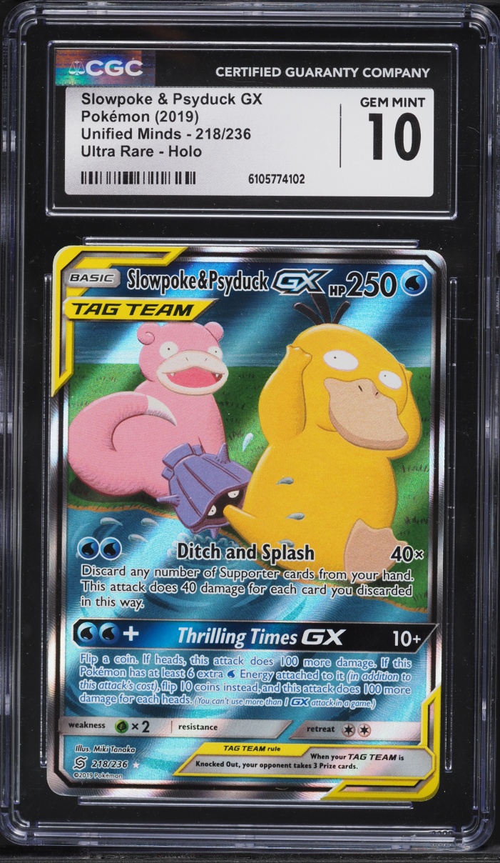 2019 Pokemon Sun & Moon Unified Minds Full Art Slowpoke & Psyduck GX #218 CGC 10 GEM MINT