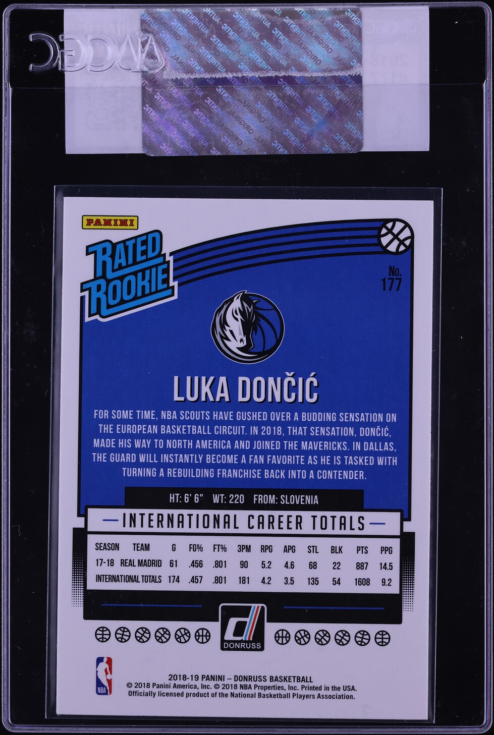 2018 Donruss Basketball Luka Doncic ROOKIE #177 CGC AUTH
