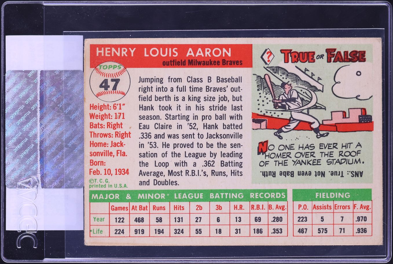 1955 Topps Hank Aaron #47 CGC ALTERED AUTH