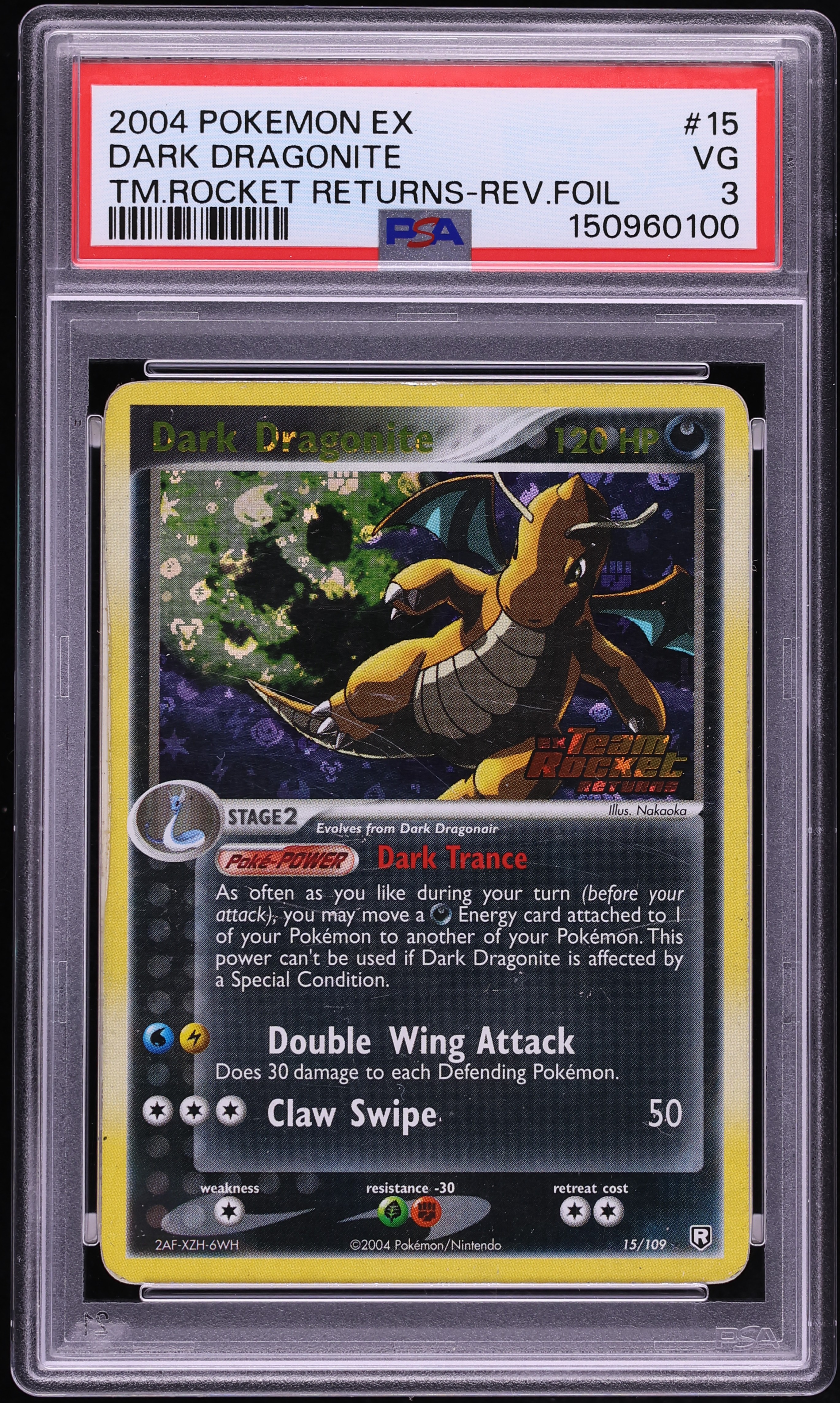 2004 Pokemon EX Team Rocket Returns Reverse Holo Dark Dragonite #15 PSA 3 VG