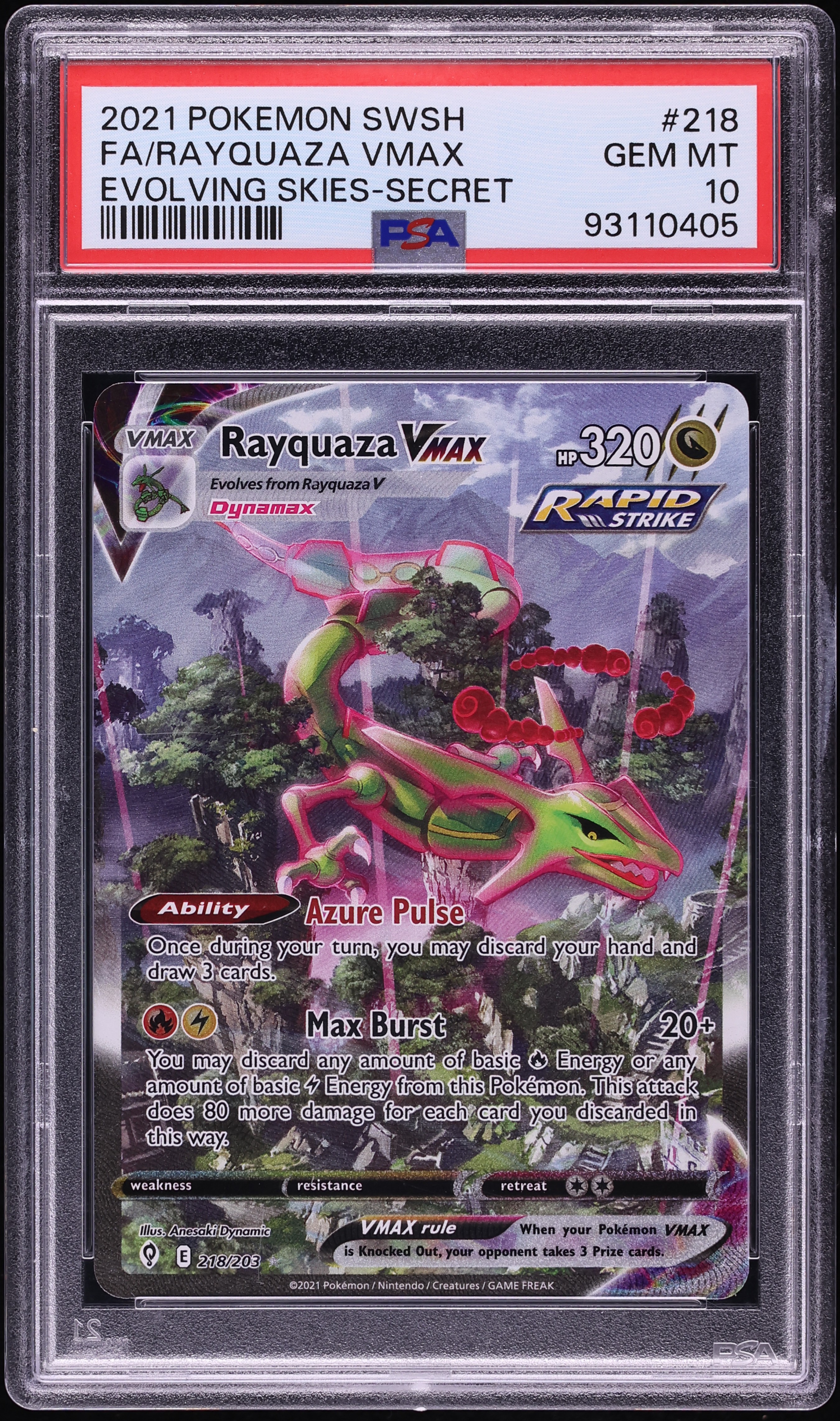 2021 Pokemon Sword & Shield Evolving Skies Alt Art Rayquaza VMAX #218 PSA 10 GEM MINT