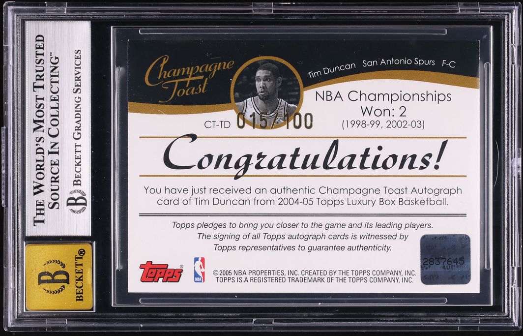 2004 Topps Luxury Box Champagne Toast Tim Duncan AUTO /100 #CT-TD BGS 7.5 NRMT+