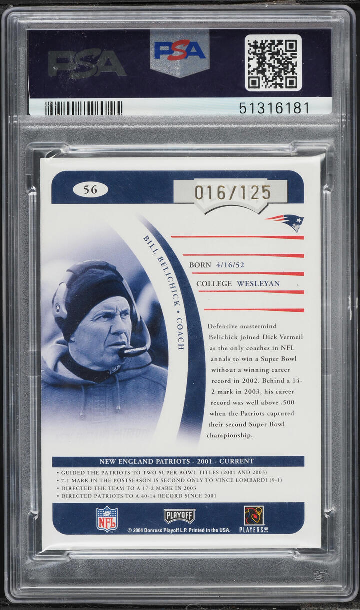 2004 Playoff Prime Signatures Proof Bronze Bill Belichick AUTO /125 #56 PSA 9 MINT