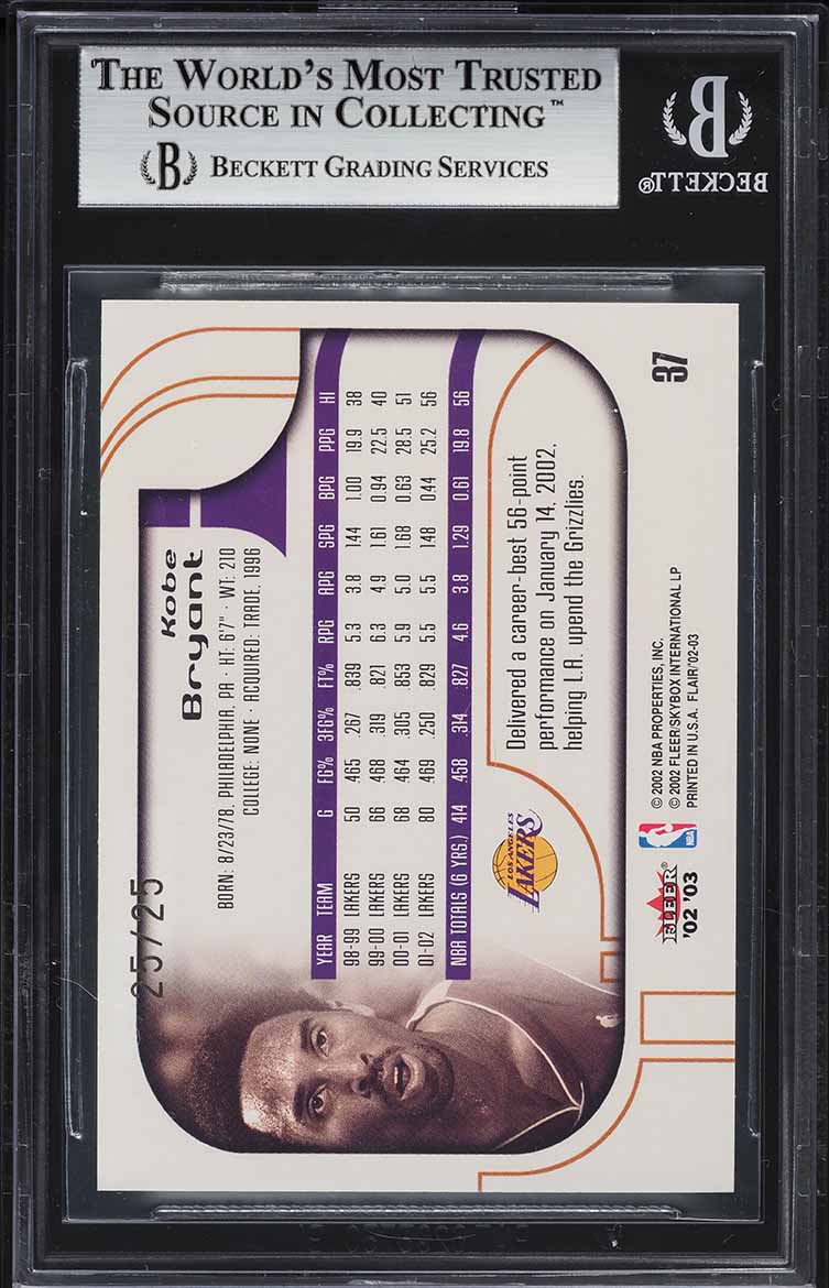 2002 Flair Row 2 Kobe Bryant 25/25 #37 BGS 9 MINT
