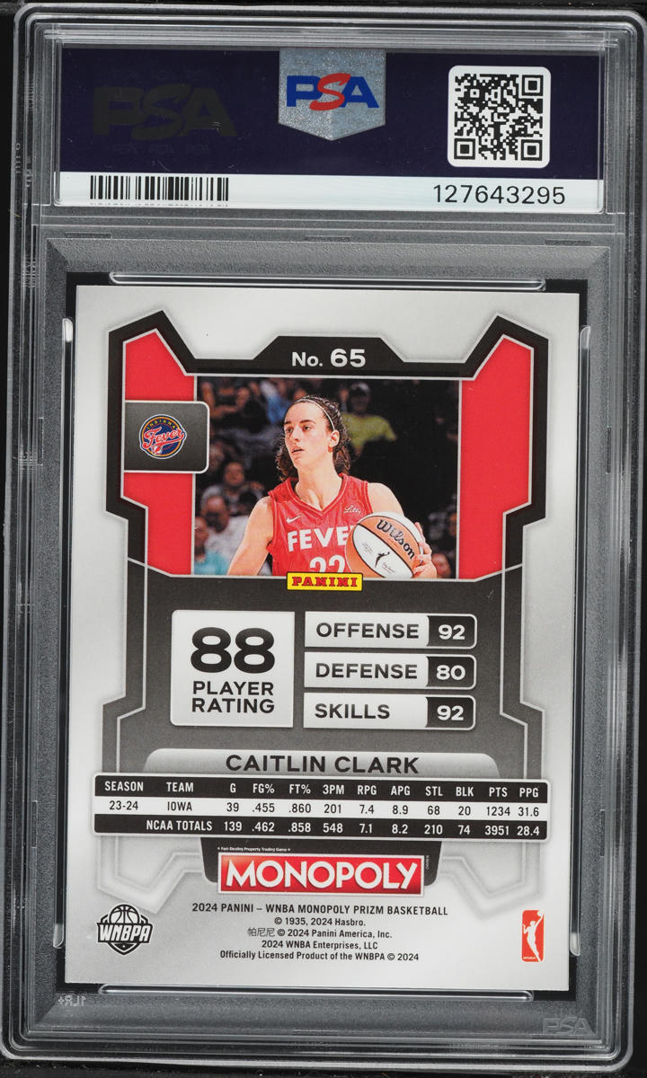 2024 Panini Prizm WNBA Monopoly Caitlin Clark ROOKIE #65 PSA 10 GEM MINT