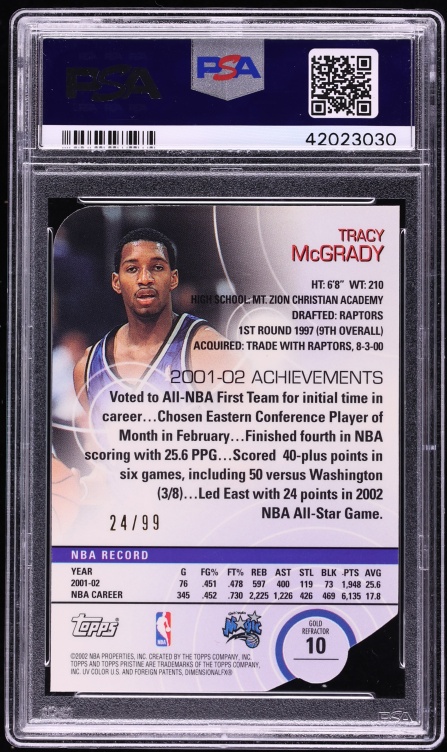 2002 Topps Pristine Gold Refractor Die-Cut Tracy McGrady /99 #10 PSA 10 GEM MINT