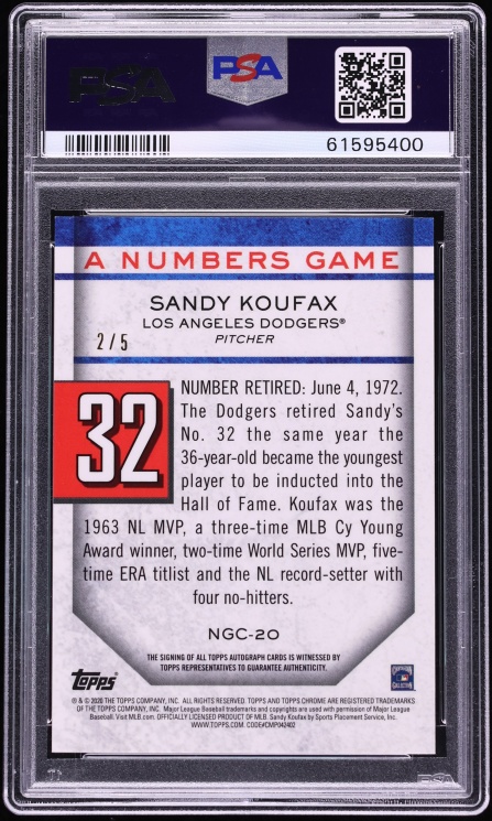 2020 Topps Chrome Update A Numbers Game Sandy Koufax AUTO DNA 10 /5 #NGC-20 PSA 9 MINT