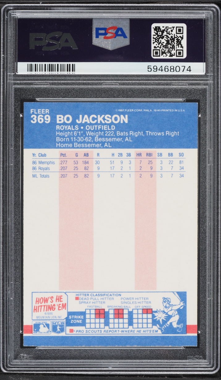 1987 Fleer Bo Jackson ROOKIE #369 PSA 8 NM-MT