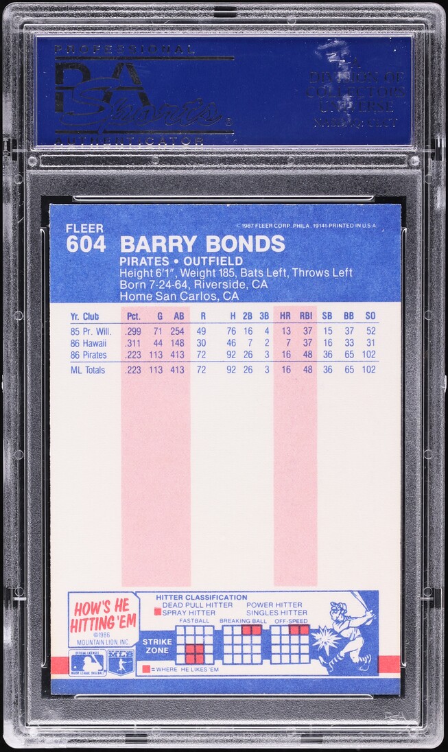 1987 Fleer Glossy Barry Bonds ROOKIE #604 PSA 10 GEM MINT - Photo 2
