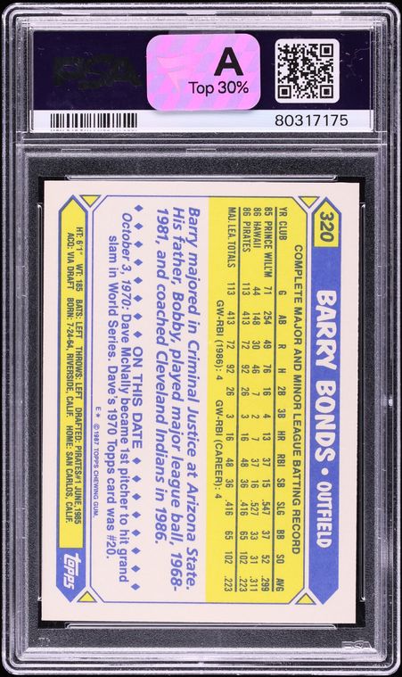 1987 Topps Tiffany Barry Bonds ROOKIE #320 PSA 10 GEM MINT - Photo 2