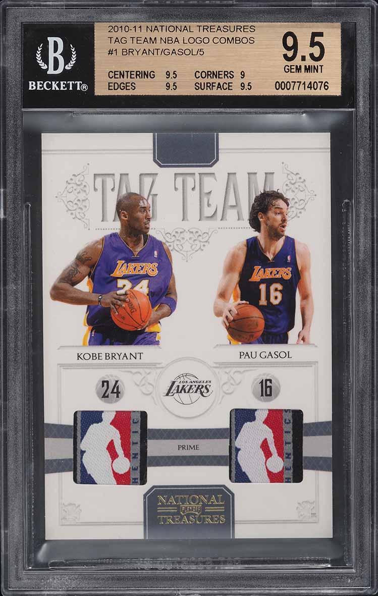 2010 National Treasures Kobe Bryant Pau Gasol NBA LOGO TAG PATCH /5 BGS 9.5 GEM