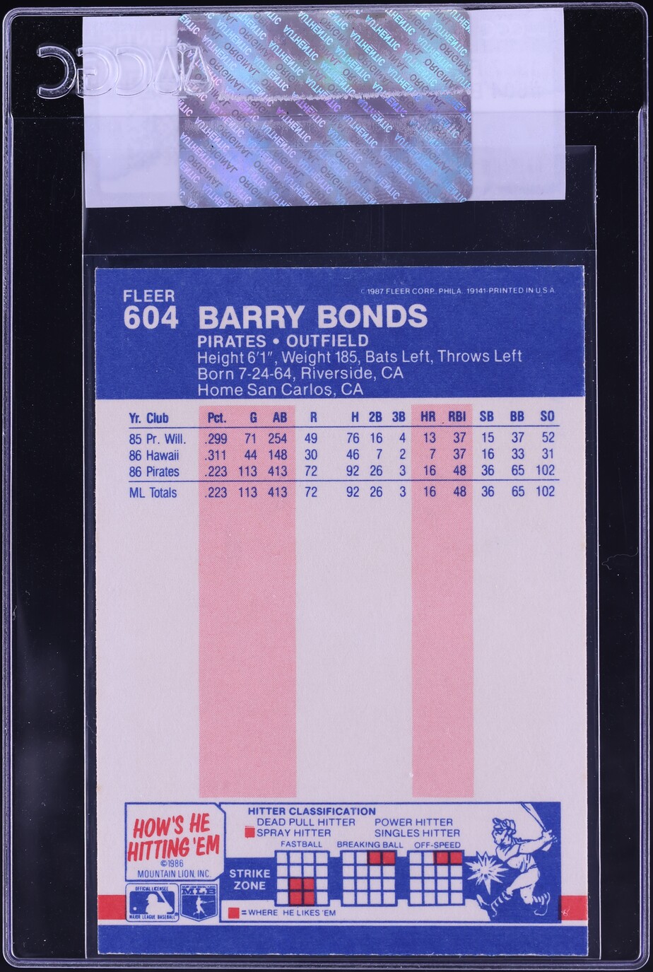 1987 Fleer Barry Bonds ROOKIE #604 CGC AUTH