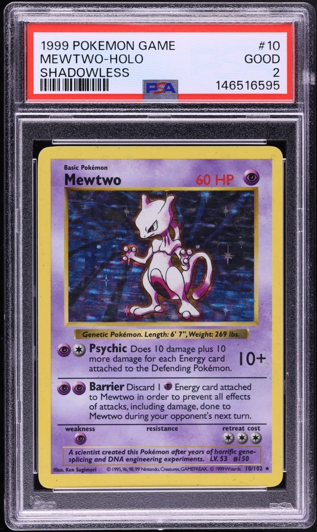1999 Pokemon Base Set Shadowless Holo Mewtwo #10 PSA 2 GD