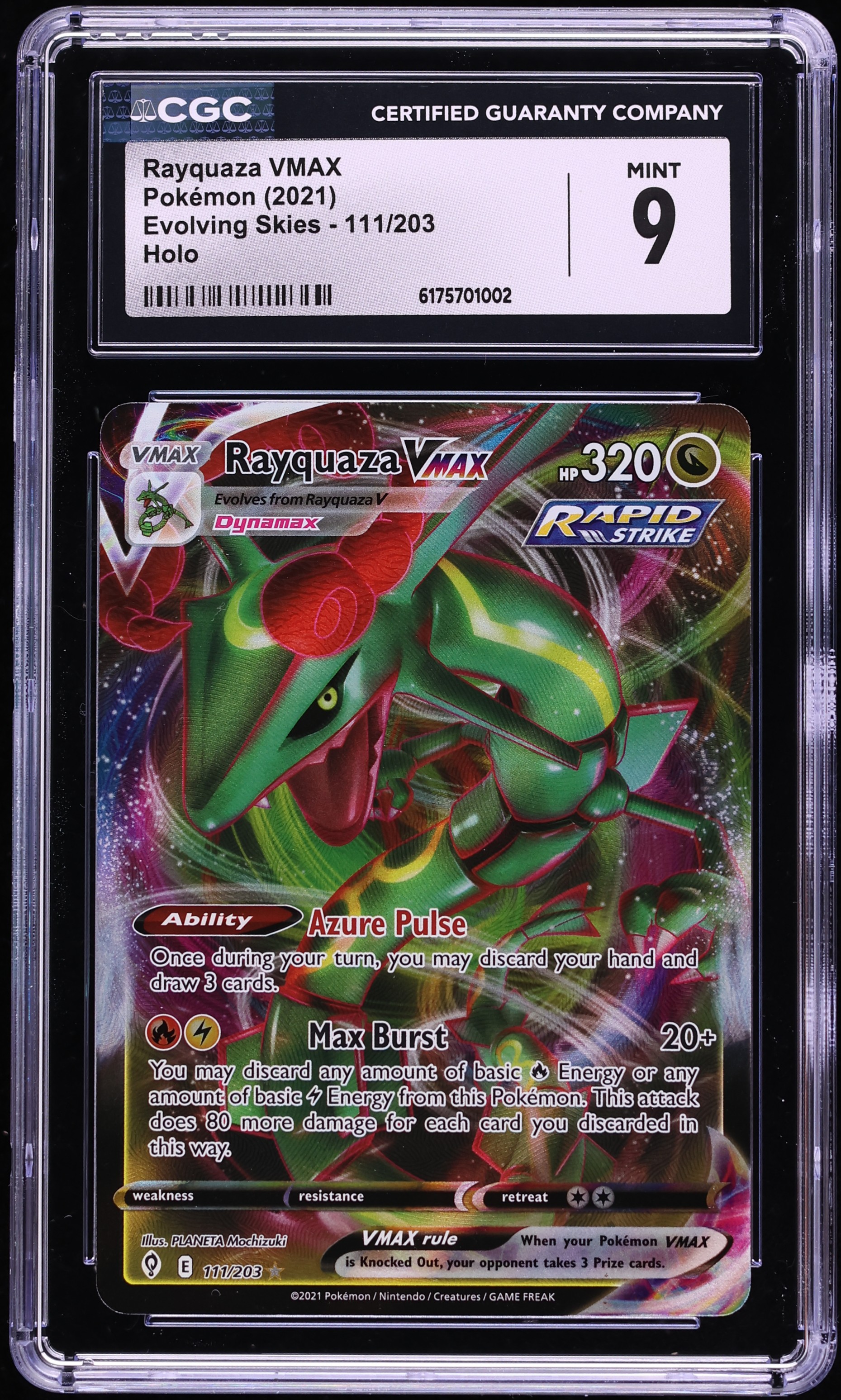 2021 Pokemon Sword & Shield Evolving Skies Full Art Rayquaza VMAX #111 CGC 9 MINT
