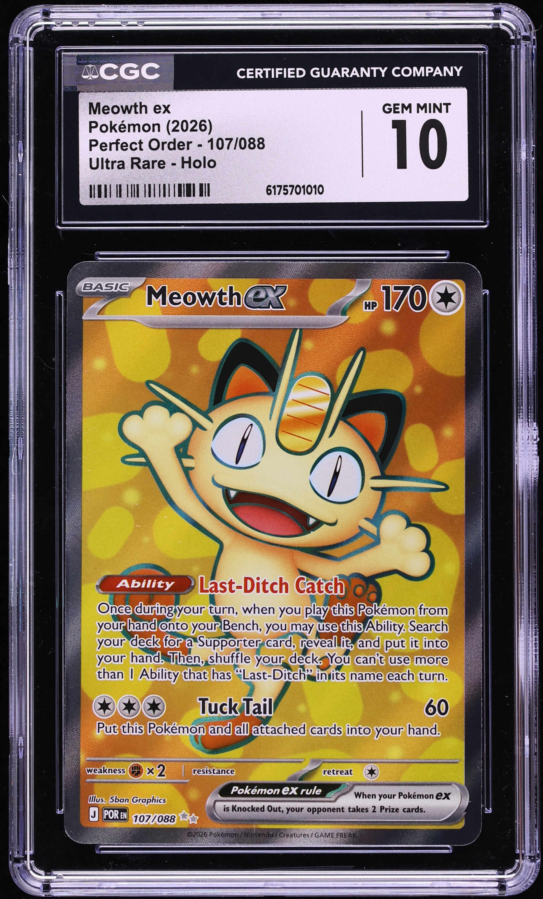 2026 Pokemon Mega Evolution Perfect Order Full Art Meowth ex #107 CGC 10 GEM MINT
