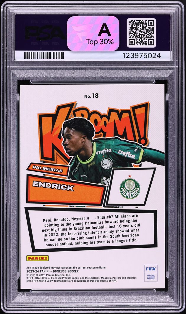 2023 Donruss FIFA Kaboom! Gold Endrick ROOKIE JERSEY # 9/10 #18 PSA 8 NM-MT