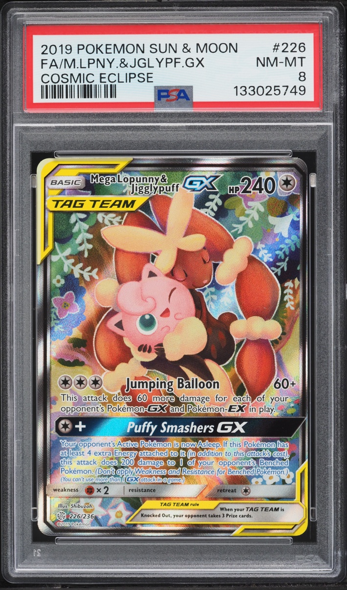 2019 Pokemon Sun & Moon Cosmic Eclipse Alt Art Mega Lopunny & Jigglypuff GX #226 PSA 8 NM-MT
