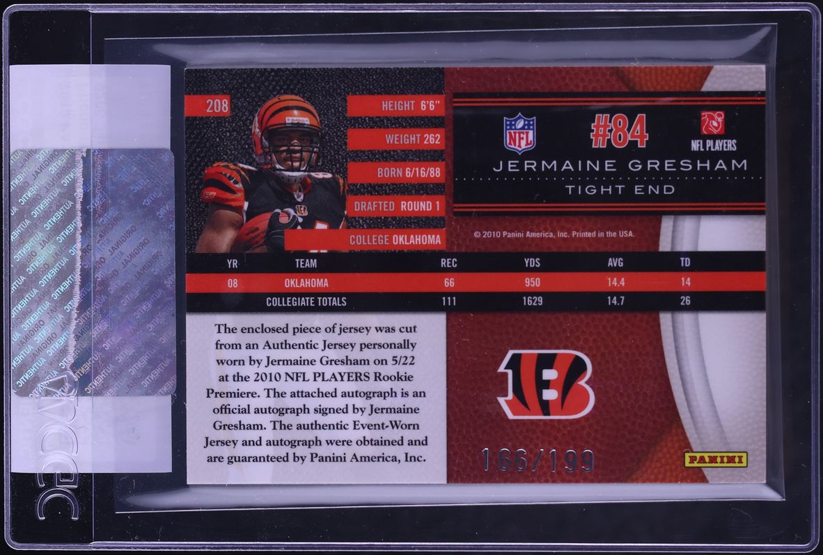2010 Panini Limited Phenoms Material Jermaine Gresham ROOKIE PATCH AUTO /199 #208 CGC AUTH