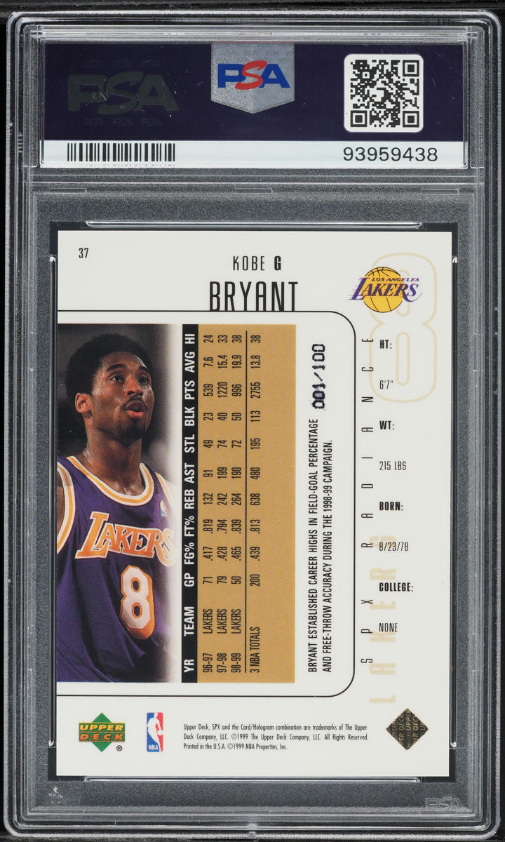 1999 SPx Radiance Kobe Bryant 1/100 #37 PSA 8 NM-MT