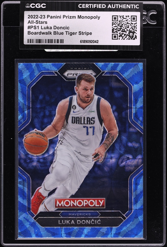 2022 Panini Prizm Monopoly All-Stars Boardwalk Blue Tiger Stripe Luka Doncic #PS1 CGC AUTH