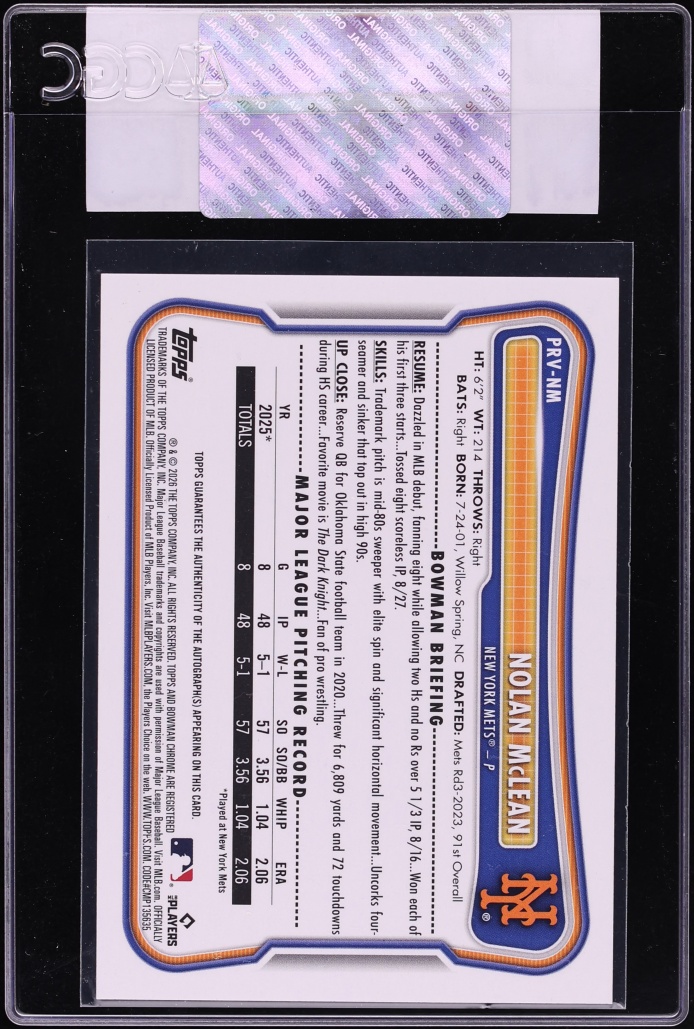 2026 Bowman Nolan McLean ROOKIE AUTO #PRV-NM CGC AUTH - Photo 2
