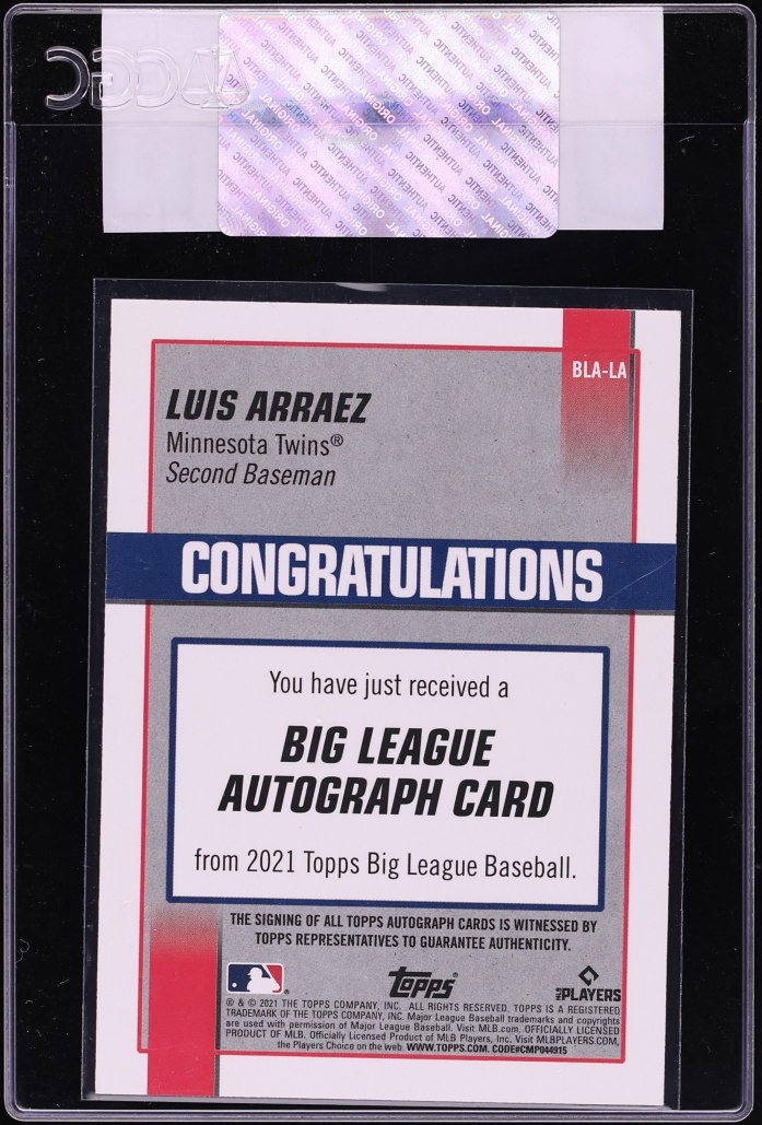 2021 Topps Big League Electric Orange Luis Arraez AUTO /99 #BLA-LA CGC AUTH - Photo 2