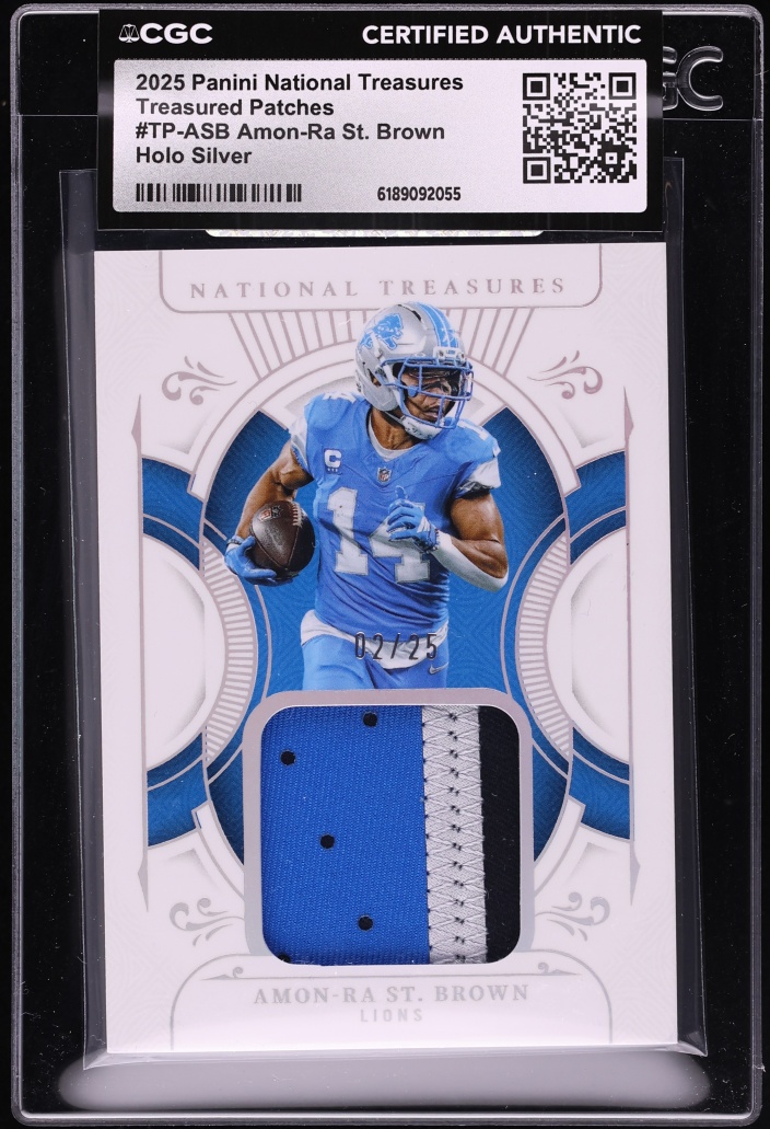 2025 National Treasures Treasured Holo Silver Amon-Ra St. Brown PATCH /25 #TP-ASB CGC AUTH