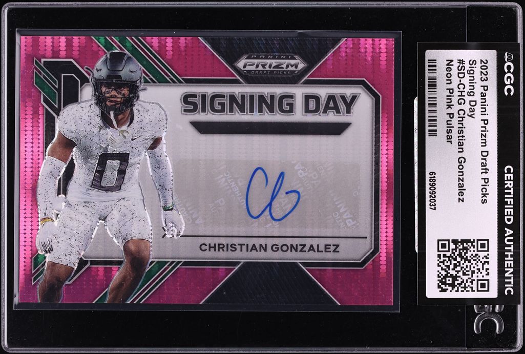 2023 Panini Prizm Draft Picks Neon Pink Pulsar Christian Gonzalez ROOKIE AUTO /15 CGC AUTH