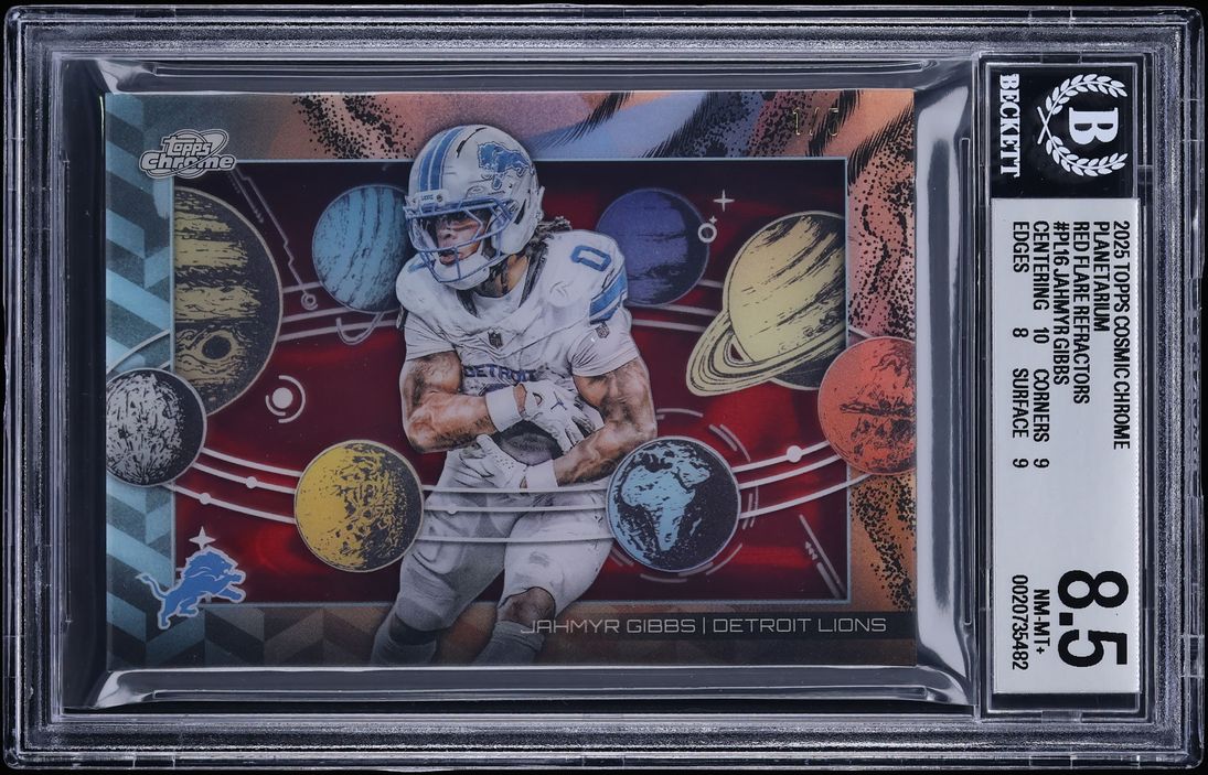 2025 Topps Chrome Cosmic Planetarium Red Flare Refractor 1/5 Jahmyr Gibbs #PL16 SSP BGS 8.5