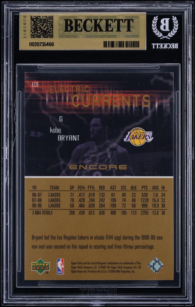 1999 Upper Deck Encore Electric Currents Kobe Bryant #EC8 BGS 9.5 GEM MINT - Photo 2