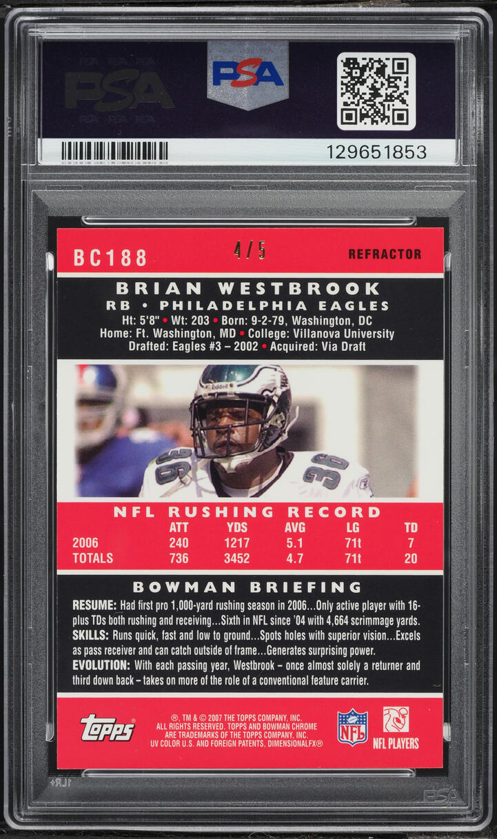 2007 Bowman Chrome Red Refractor Brian Westbrook /5 #BC188 PSA 10 GEM MINT