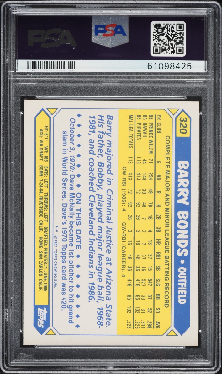 1987 Topps Tiffany Barry Bonds ROOKIE #320 PSA 7 NRMT