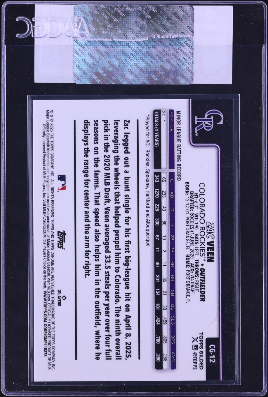 2025 Topps Gilded Collection Chrome Cast In Gold Zac Veen ROOKIE /199 #CG-12 CGC AUTH