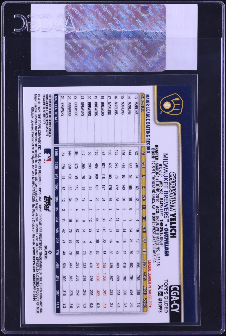 2025 Topps Chrome Gilded Collection Gold Christian Yelich AUTO /75 #CGA-CY CGC AUTH