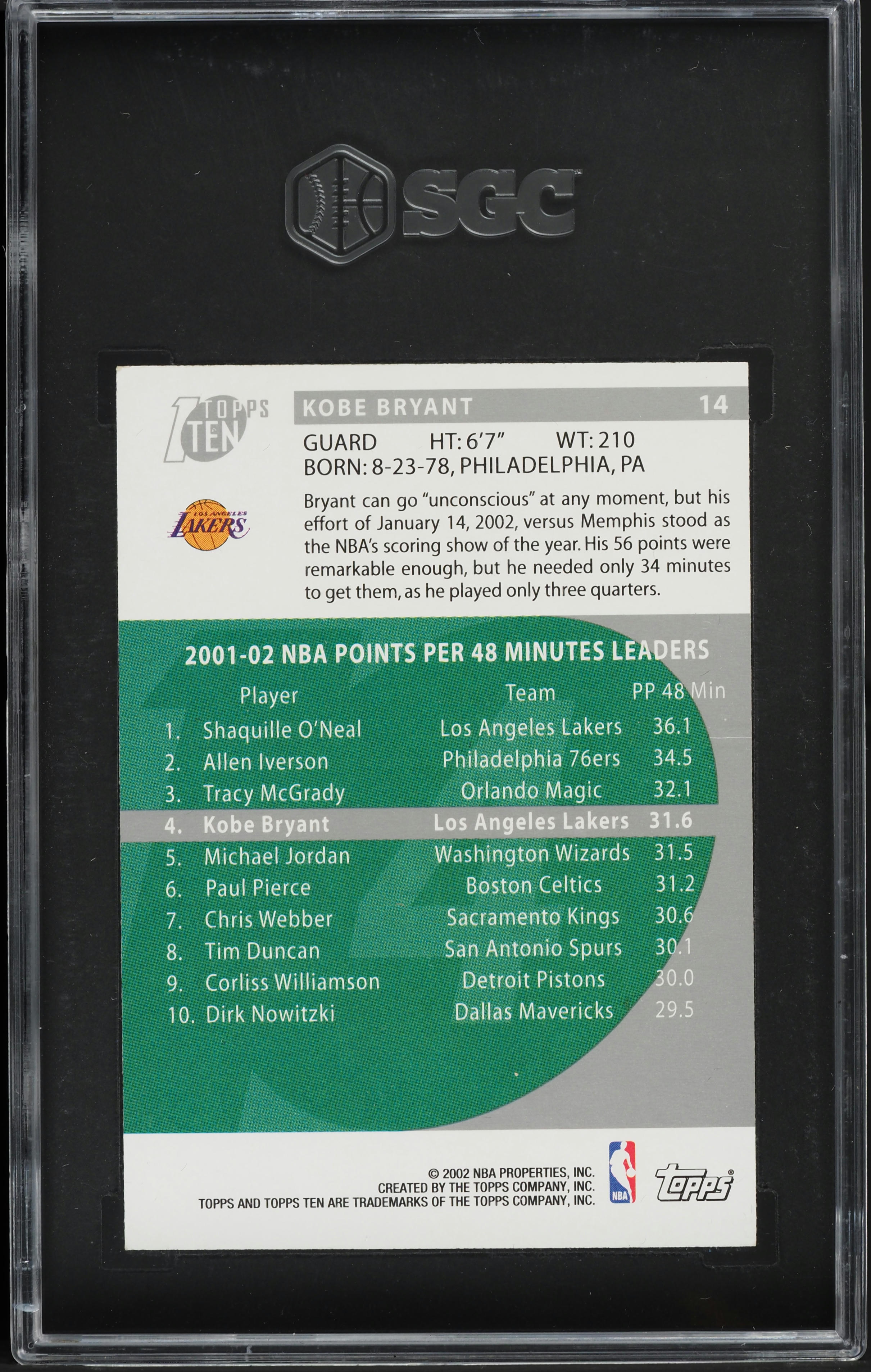 2002 Topps Ten Kobe Bryant #14 SGC 9 MINT