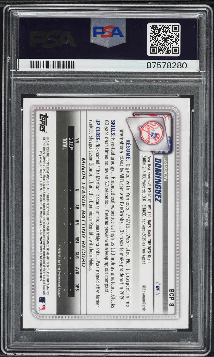 2020 Bowman Chrome Mega Box Jasson Dominguez PROSPECT #BCP-8 PSA 10 GEM MINT