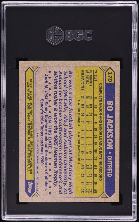 1987 Topps Future Stars Bo Jackson ROOKIE #170 SGC 7 NRMT
