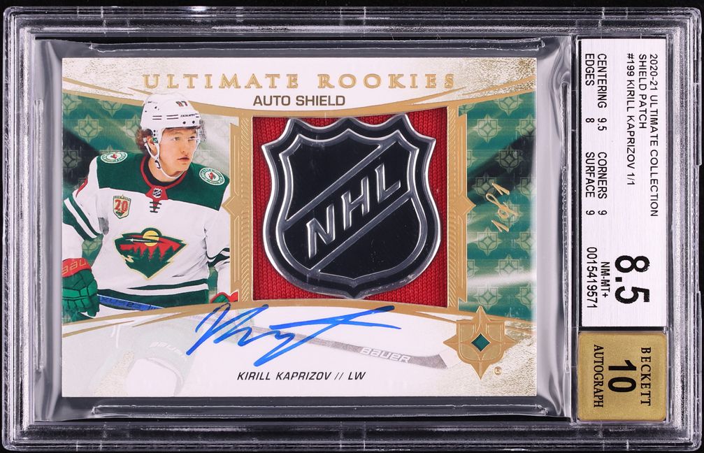 2020 Ultimate Collection Kirill Kaprizov ROOKIE NHL SHIELD PATCH AUTO 1/1 #199 BGS 8.5 NM-MT+