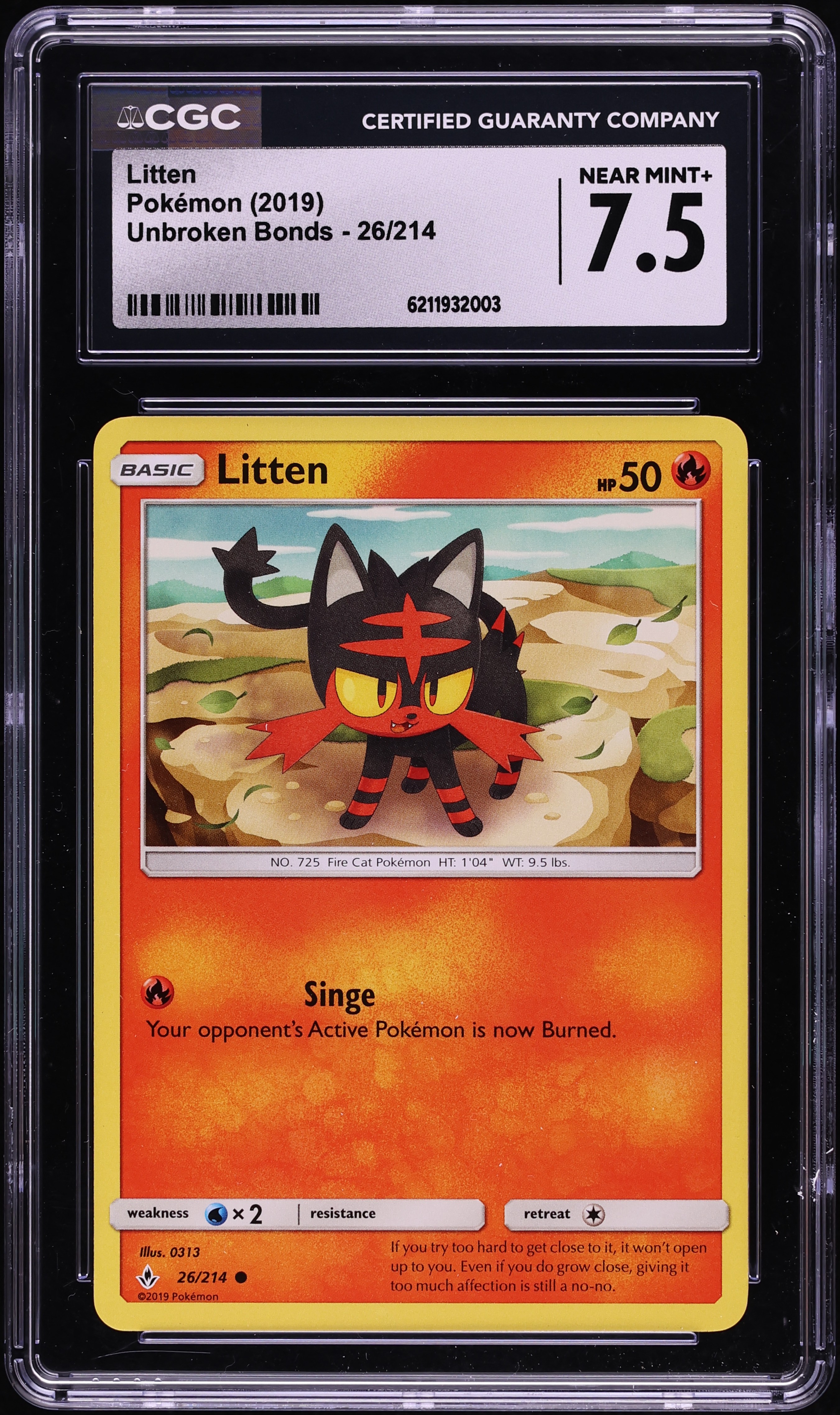 2019 Pokemon Sun & Moon Unbroken Bonds Litten #26 CGC 7.5 NRMT+