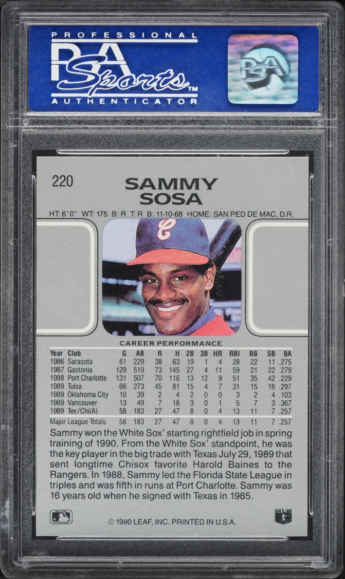 1990 Leaf Sammy Sosa ROOKIE #220 PSA 9 MINT