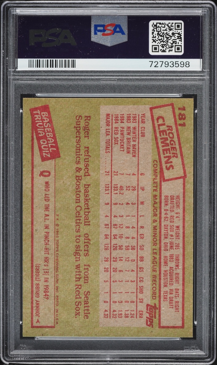 1985 Topps Roger Clemens ROOKIE #181 PSA 8 NM-MT