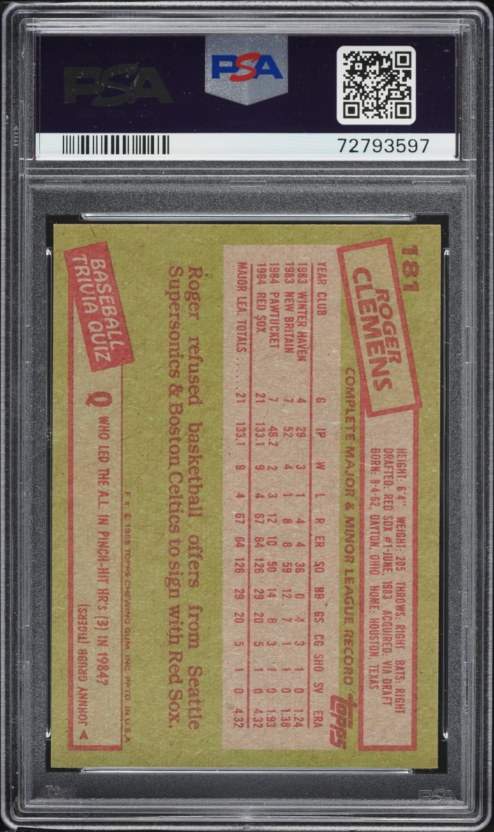1985 Topps Roger Clemens ROOKIE #181 PSA 8 NM-MT
