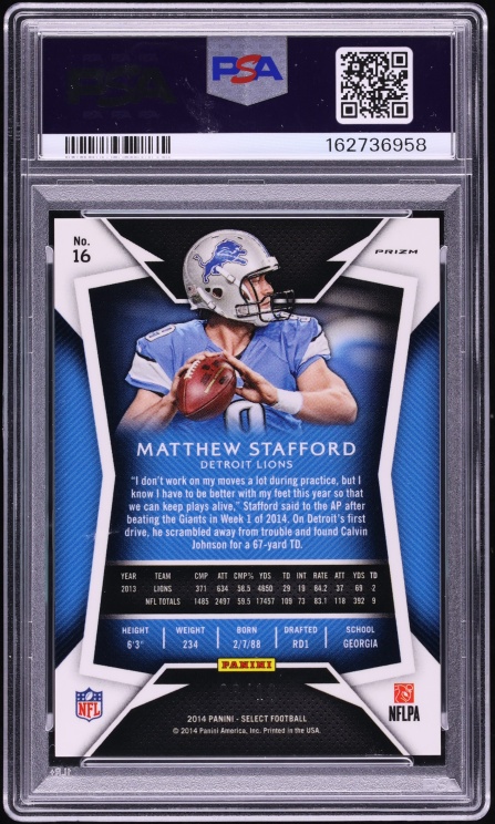 2014 Select Gold Prizm Matthew Stafford /10 #16 PSA 9 MINT - Photo 2
