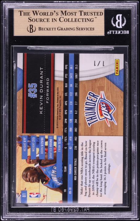 2010 Panini Limited Platinum Spotlight Kevin Durant 1/1 #81 BGS 9.5 GEM MINT - Photo 2