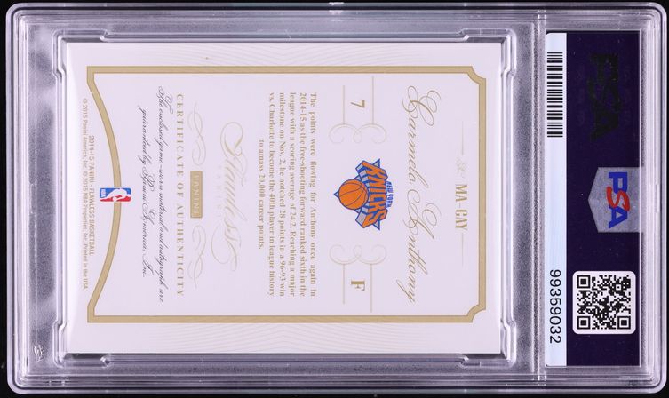 2014 Panini Flawless Momentous Gold Carmelo Anthony PATCH AUTO /10 #MA-CAY PSA 10 GEM MINT - Photo 2