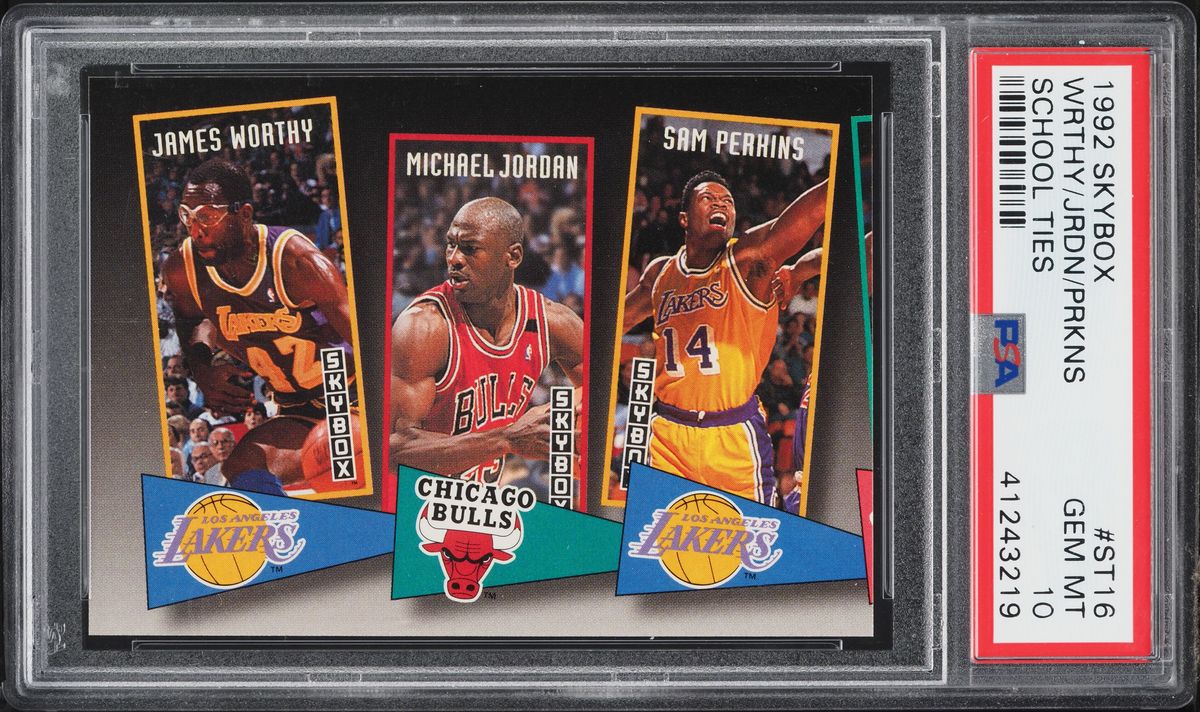 1992 Skybox School Ties Michael Jordan James Worthy Sam Perkins #ST16 PSA 10 GEM MINT