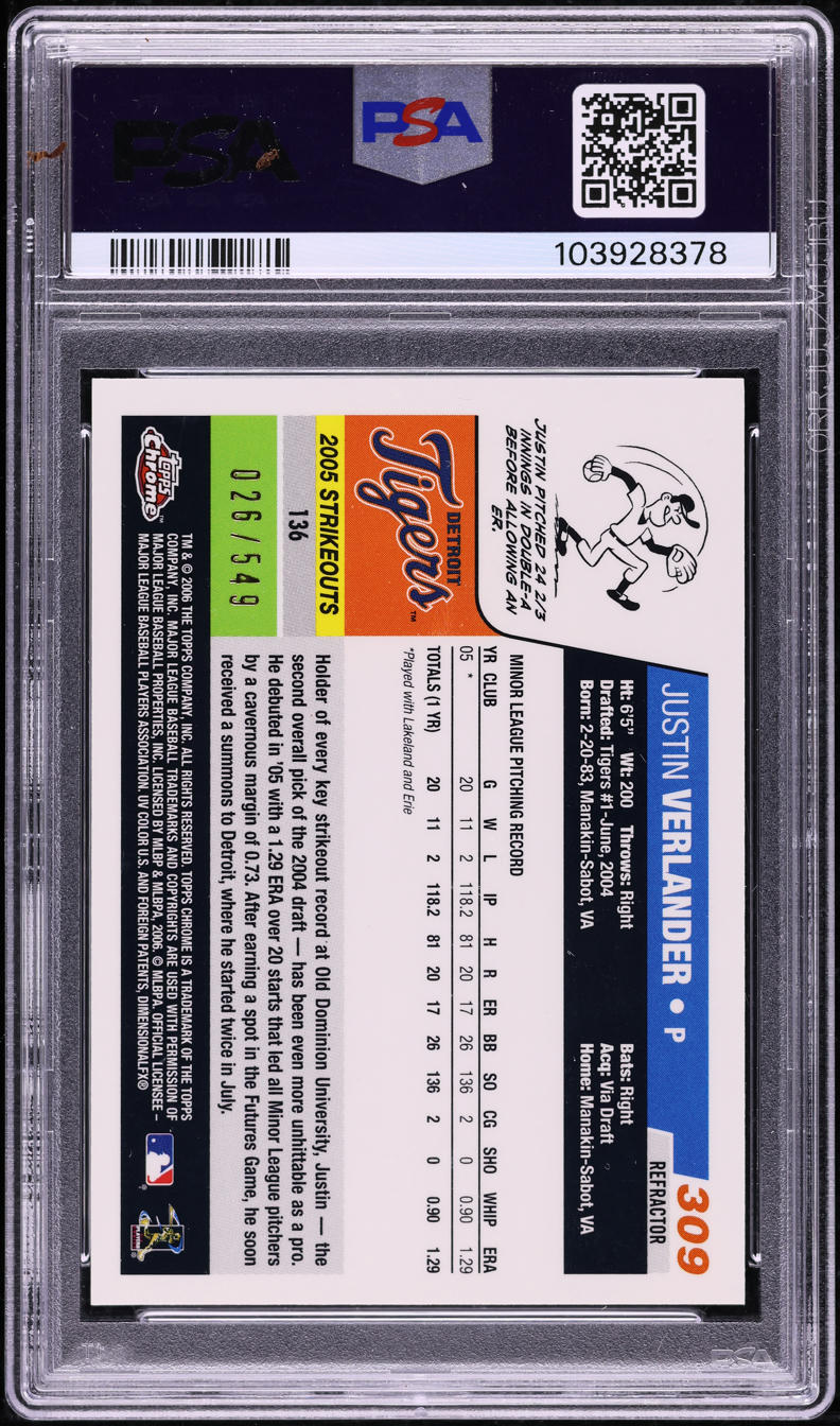 2006 Topps Chrome Black Refractor Justin Verlander ROOKIE /549 #309 PSA 9 MINT
